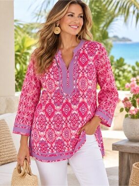 Bellissima by Kim Gravel Pink Purple Ikat Print Tunic Top Size M NWOT